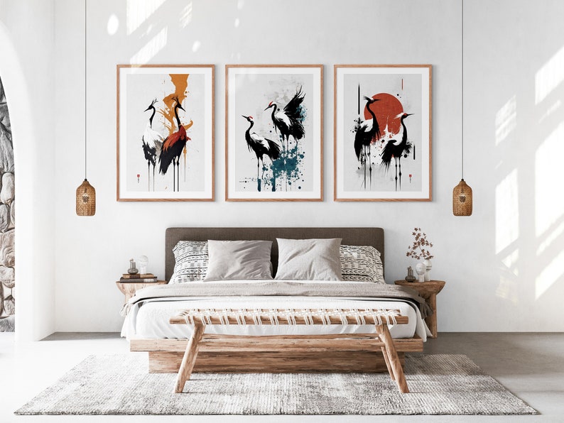 Japanese Cranes Printable Set of 3, Modern Ukiyo-e Wall Art, Living Room Art, Above Bed Decor, Birds Print, Gallery Wall Set image 2