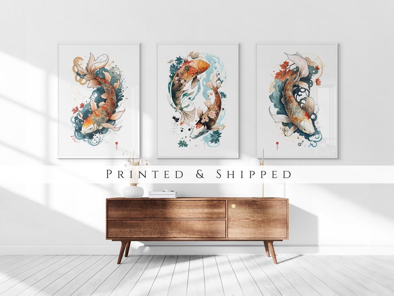 Japanese Koi Fish Set of 3 Prints, Abstract Wall Art, Living Room Art, Above Bed Decor, 3 Panel Print Set, Gallery Wall Set image 1
