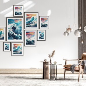 The Great Wave off Kanagawa Reimagined, Printable Set of 3, Modern Ukiyo-e Wall Art, Living Room Decor, Japanese Posters, Triptych Wall Set image 9