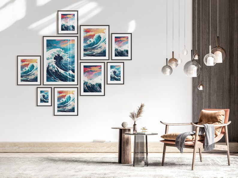 The Great Wave off Kanagawa Reimagined, Printable Set of 3, Modern Ukiyo-e Wall Art, Living Room Decor, Japanese Posters, Triptych Wall Set image 9