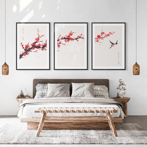 Japanese Sakura Cherry Blossom & Swallow, Printable Set of 3, Modern Ukiyo-e Wall Art, Japan Decor, Anime Manga Set, Triptych Posters image 5