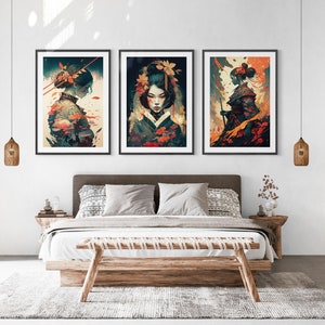 Samurai Warrior Printable Set of 3, Modern Ukiyo-e Wall Art, Living Room Art, Above Bed Decor, Digital Print Set, Gallery Wall Set, Anime image 9