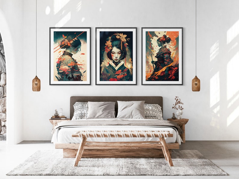 Samurai Warrior Printable Set of 3, Modern Ukiyo-e Wall Art, Living Room Art, Above Bed Decor, Digital Print Set, Gallery Wall Set, Anime image 9