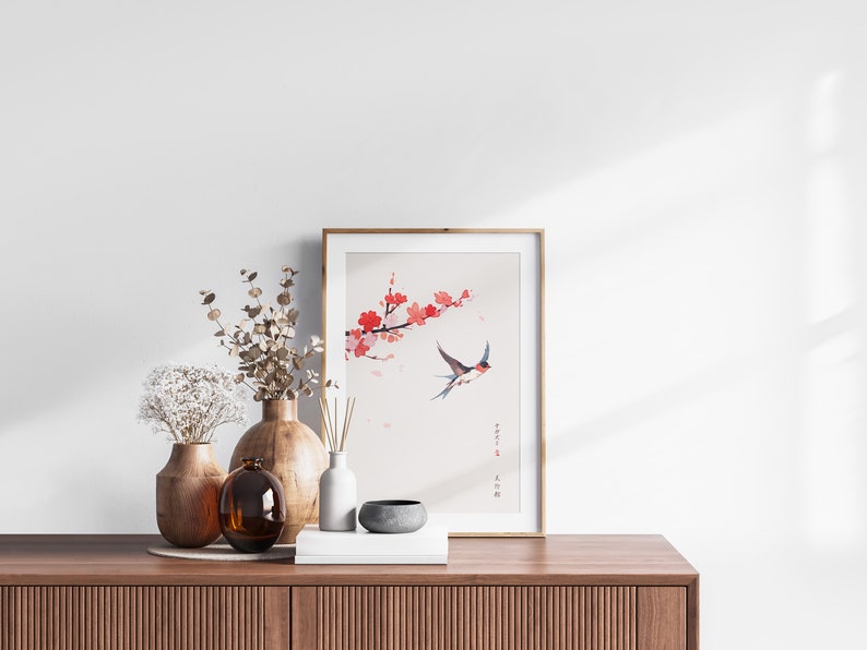 Japanese Sakura Cherry Blossom & Swallow Set of 3 Prints, Ukiyo-e Wall Art, Anime Set, Above Bed Decor, 3 Panel Print Set, Gallery Wall Set image 8