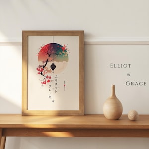 May include: A framed art print featuring a Japanese-inspired design with a red, blue, and white color palette. The artwork includes a cherry blossom branch, a lantern, and Japanese text. A wooden vase and a small sphere sit on a wooden table.