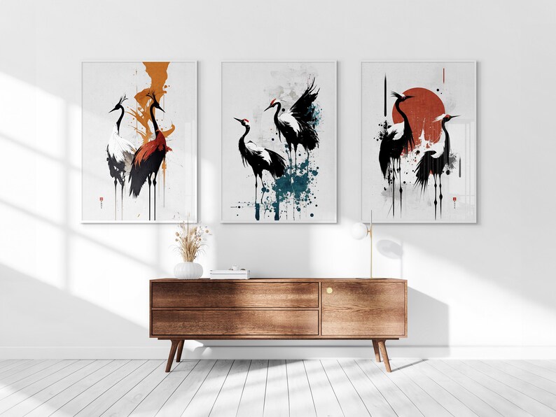 Japanese Cranes Printable Set of 3, Modern Ukiyo-e Wall Art, Living Room Art, Above Bed Decor, Birds Print, Gallery Wall Set image 1