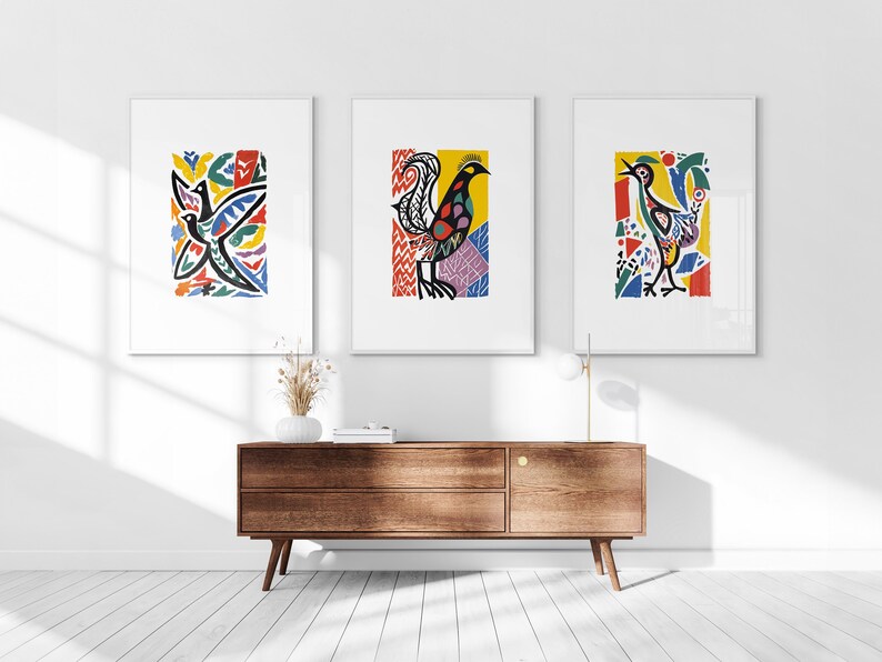 Abstract Birds Printable Set of 3, Modern Boho Wall Art, Mid Century, Living Room Art, Above Bed Decor, Digital Print Set, Gallery Wall Set image 1