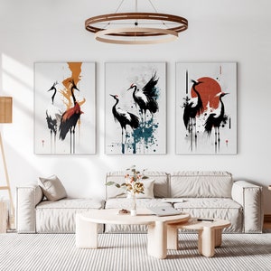 Japanese Cranes Set of 3 Prints, Modern Ukiyo-e Wall Art, Living Room Art, Above Bed Decor, 3 Panel Print Set, Gallery Wall Set image 9