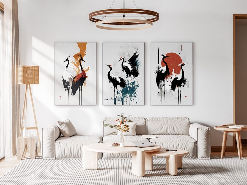 Japanese Cranes Set of 3 Prints, Modern Ukiyo-e Wall Art, Living Room Art, Above Bed Decor, 3 Panel Print Set, Gallery Wall Set image 9