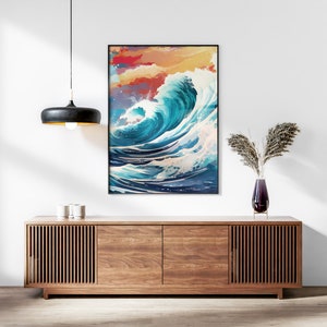 The Great Wave off Kanagawa Reimagined, Printable Set of 3, Modern Ukiyo-e Wall Art, Living Room Decor, Japanese Posters, Triptych Wall Set image 5