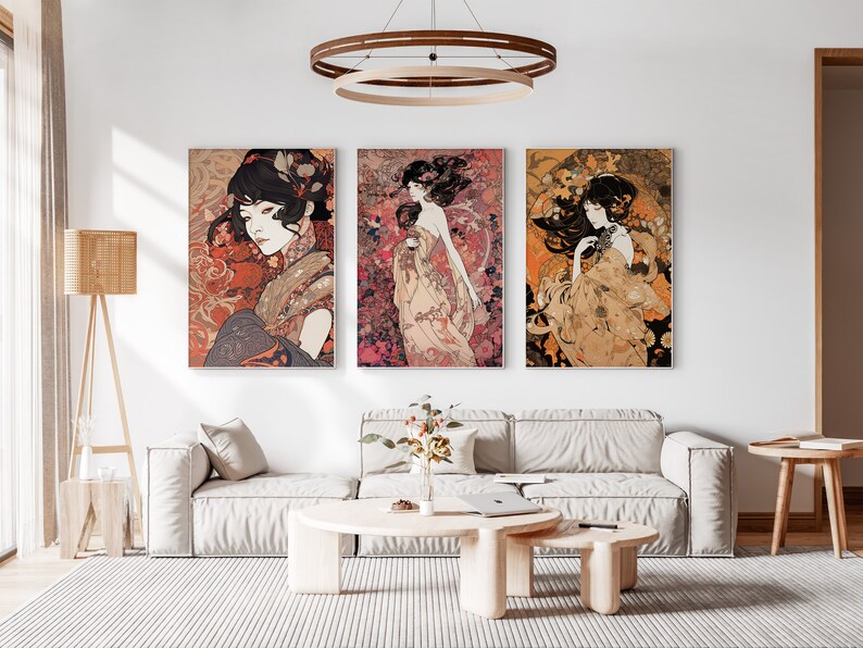 Art Nouveau Ukiyo-e Fashion Set of 3 Prints, Vintage Japan Wall Art, Living Room Art, Above Bed Decor, 3 Panel Print Set, Gallery Wall Set image 9