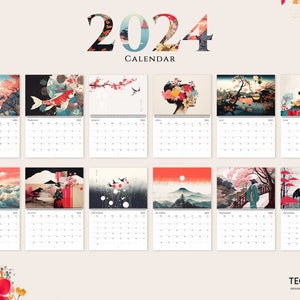 2024 Wall Calendar, Modern Japanese Ukiyo-e Designs, Monthly Planner, Koi Fish, Mount Fuji, Sakura, Japanese Wall Art image 2