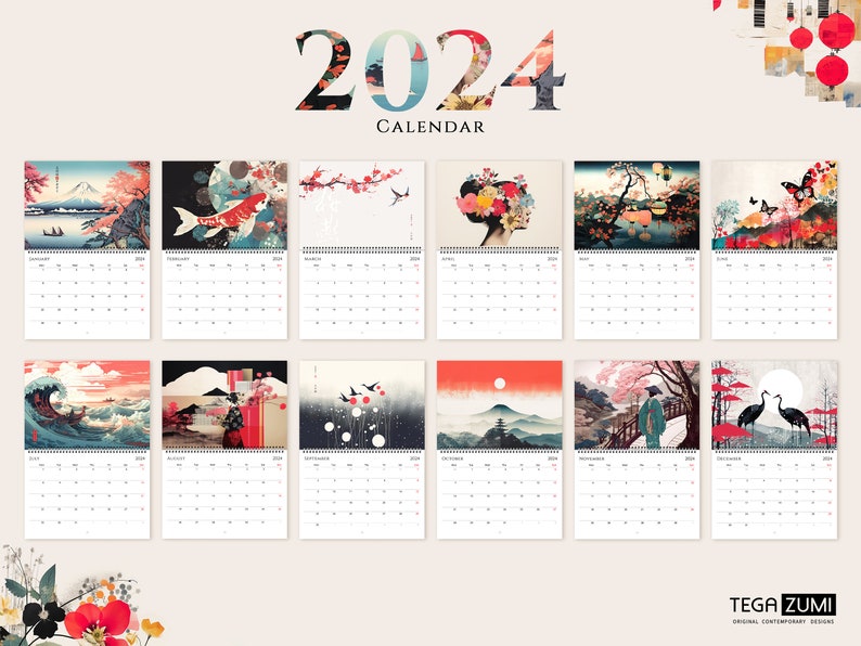 2024 Wall Calendar, Modern Japanese Ukiyo-e Designs, Monthly Planner, Koi Fish, Mount Fuji, Sakura, Japanese Wall Art image 2