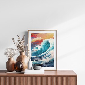 The Great Wave off Kanagawa Reimagined, Printable Set of 3, Modern Ukiyo-e Wall Art, Living Room Decor, Japanese Posters, Triptych Wall Set image 8