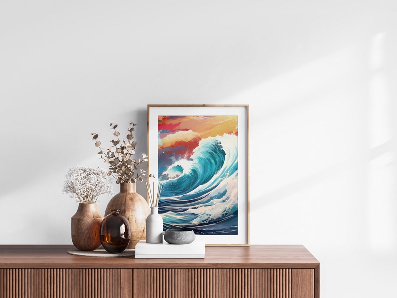 The Great Wave off Kanagawa Reimagined, Printable Set of 3, Modern Ukiyo-e Wall Art, Living Room Decor, Japanese Posters, Triptych Wall Set image 8