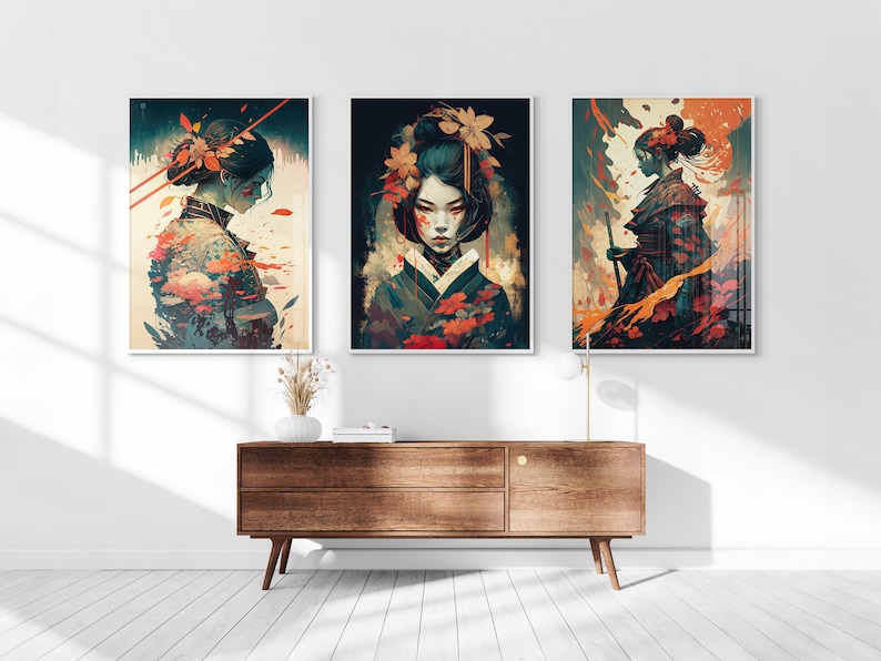 Samurai Warrior Printable Set of 3, Modern Ukiyo-e Wall Art, Living Room Art, Above Bed Decor, Digital Print Set, Gallery Wall Set, Anime image 1