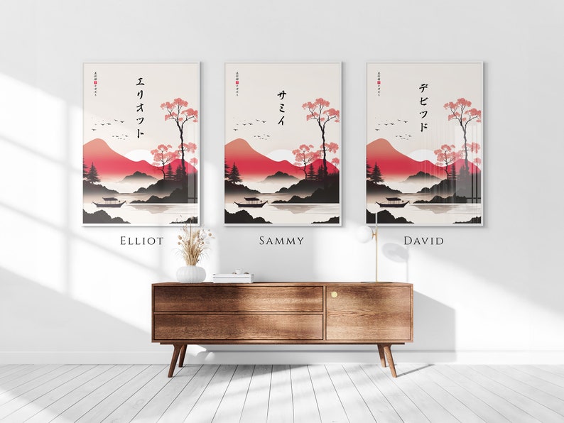 Your Name in Japanese Print, Personalised Custom Name Poster, Modern Ukiyo-e Sunset River, Japanese Gift, Katakana Japanese Translation image 7