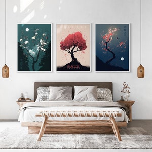 Japanese Blossom Poster Set of 3 Prints, Modern Ukiyo-e Wall Art, Living Room Art, Above Bed Decor, 3 Panel Print Set, Gallery Wall Set image 9