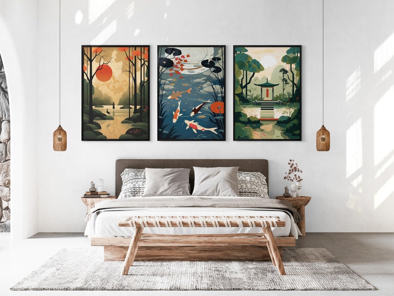 Japanese Koi Fish Zen Garden Set of 3 Prints, Abstract Wall Art, Living Room Art, Above Bed Decor, 3 Panel Print Set, Gallery Wall Set image 2