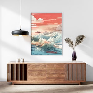 The Great Wave off Kanagawa Reimagined Set of 3 Prints, Modern Ukiyo-e Wall Art, Living Room Art, Above Bed Decor, Triptych Set, Gallery Set image 4