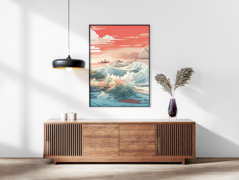 The Great Wave off Kanagawa Reimagined Set of 3 Prints, Modern Ukiyo-e Wall Art, Living Room Art, Above Bed Decor, Triptych Set, Gallery Set image 4