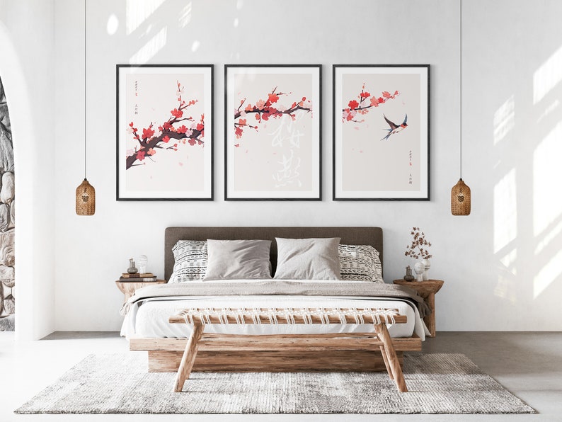 Japanese Sakura Cherry Blossom & Swallow Set of 3 Prints, Ukiyo-e Wall Art, Anime Set, Above Bed Decor, 3 Panel Print Set, Gallery Wall Set image 5