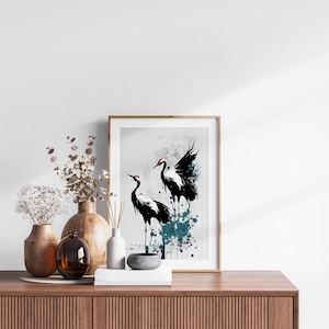 Japanese Cranes Set of 3 Prints, Modern Ukiyo-e Wall Art, Living Room Art, Above Bed Decor, 3 Panel Print Set, Gallery Wall Set image 7