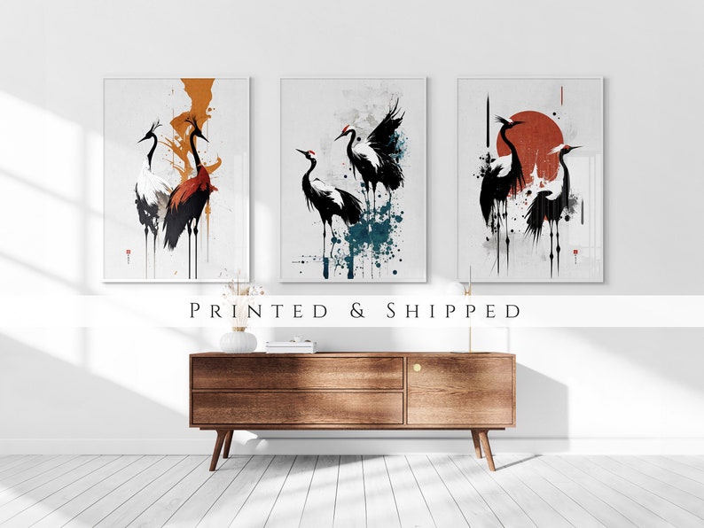 Japanese Cranes Set of 3 Prints, Modern Ukiyo-e Wall Art, Living Room Art, Above Bed Decor, 3 Panel Print Set, Gallery Wall Set image 1