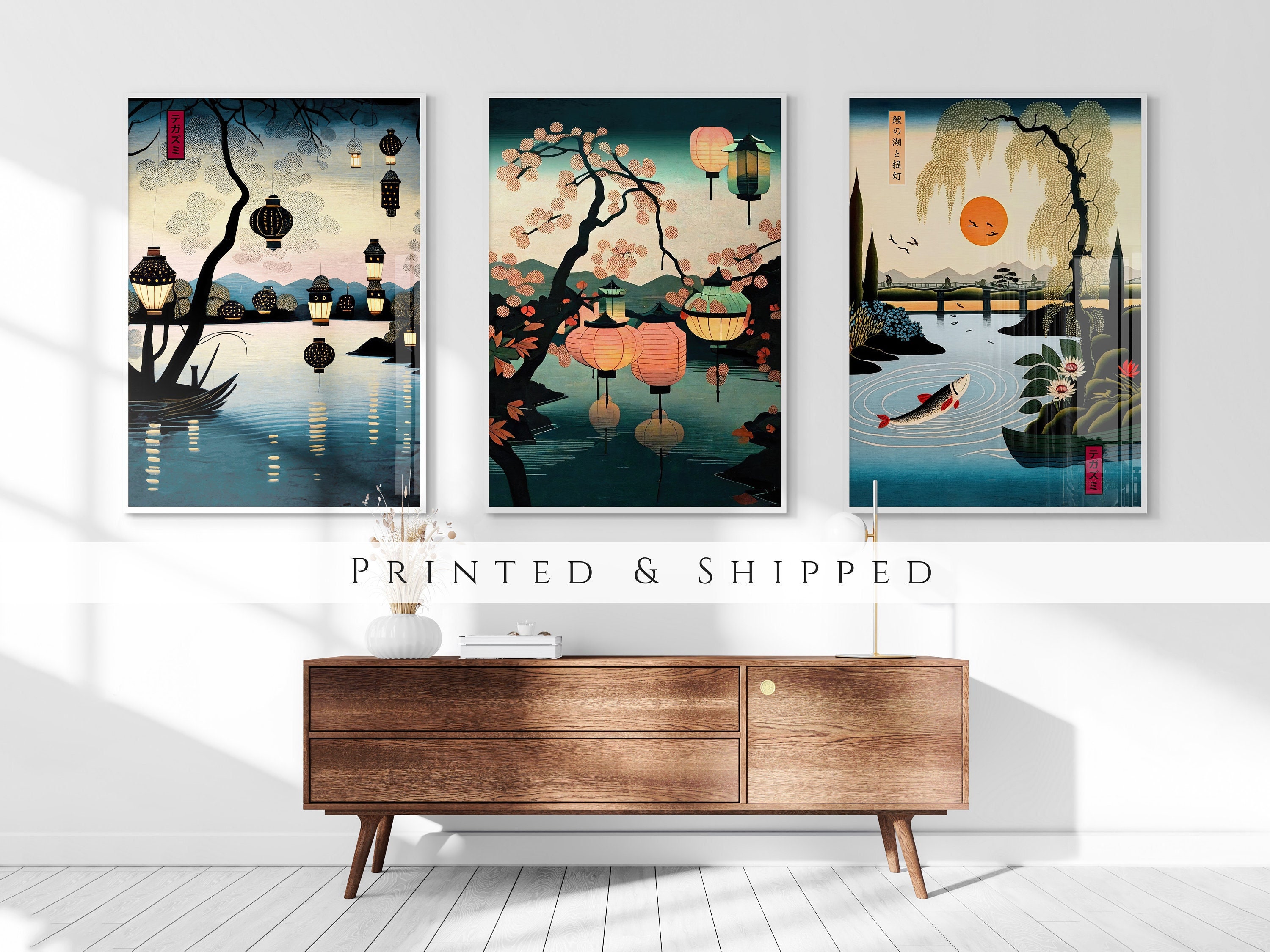 Japanese Koi Fish & Lanterns Set of 3 Prints Ukiyo-e Wall - Etsy