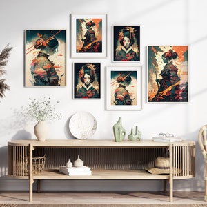 Samurai Warrior Printable Set of 3, Modern Ukiyo-e Wall Art, Living Room Art, Above Bed Decor, Digital Print Set, Gallery Wall Set, Anime image 3