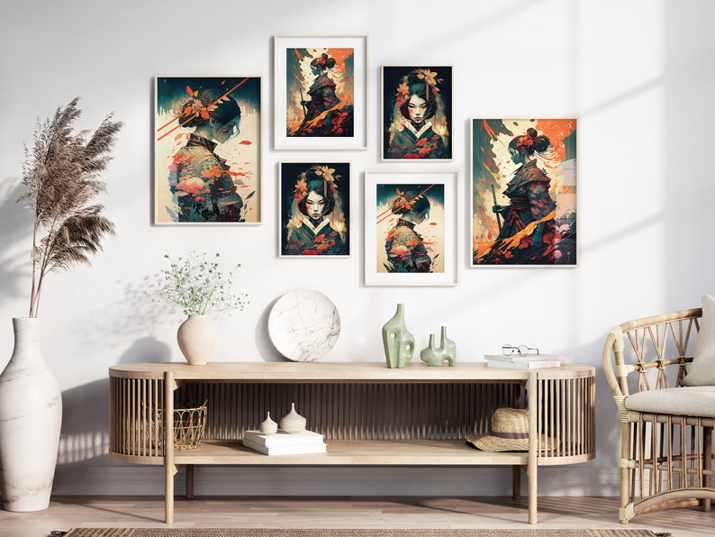 Samurai Warrior Printable Set of 3, Modern Ukiyo-e Wall Art, Living Room Art, Above Bed Decor, Digital Print Set, Gallery Wall Set, Anime image 3