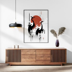 Japanese Cranes Set of 3 Prints, Modern Ukiyo-e Wall Art, Living Room Art, Above Bed Decor, 3 Panel Print Set, Gallery Wall Set image 5