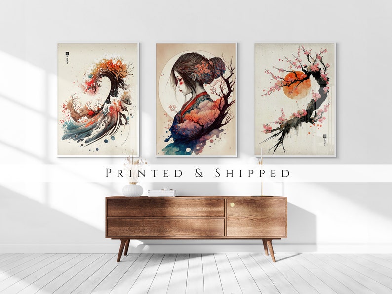 Japanese Wave & Blossom Set of 3 Prints, Ukiyo-e Wall Art, Living Room Art, Above Bed Decor, 3 Panel Print Set, Gallery Wall Set image 1