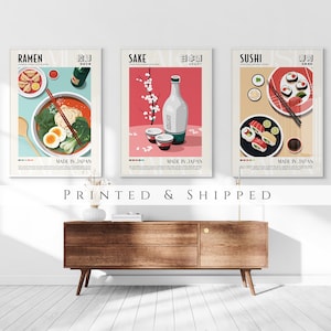 Japanese Cuisine Set of 3 Prints, Sushi, Ramen, Sake, Living Room Art, Kitchen Decor, Retro Japan Food Posters, Japanese Dishes, Gallery Set image 1