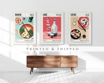 Japanese Cuisine Set of 3 Prints, Sushi, Ramen, Sake, Living Room Art, Kitchen Decor, Retro Japan Food Posters, Japanese Dishes, Gallery Set