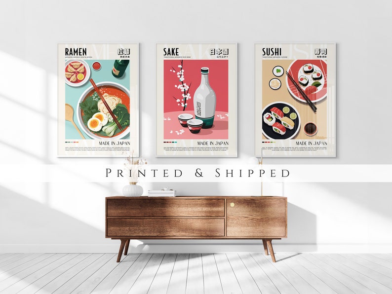Japanese Cuisine Set of 3 Prints, Sushi, Ramen, Sake, Living Room Art, Kitchen Decor, Retro Japan Food Posters, Japanese Dishes, Gallery Set image 1