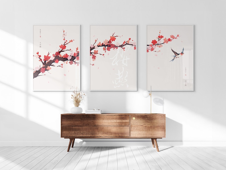 Japanese Sakura Cherry Blossom & Swallow, Printable Set of 3, Modern Ukiyo-e Wall Art, Japan Decor, Anime Manga Set, Triptych Posters image 1