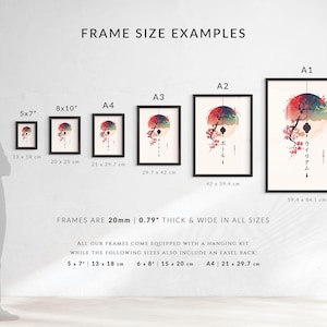May include: Framed art prints in various sizes, including 5x7 inches, 8x10 inches, A4, A3, and A2, and A1. Each print features a Japanese-inspired design with a skull, cherry blossoms, and a red and orange sun. Frames are 0.79 inches thick.
