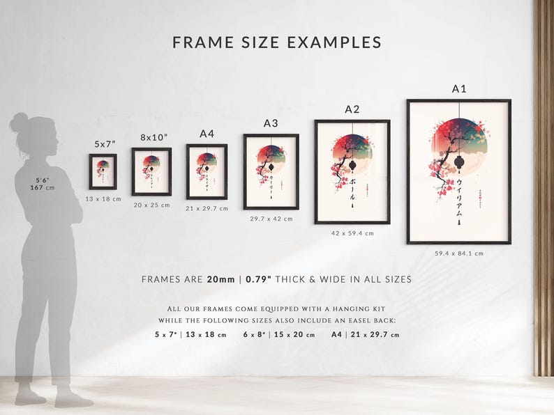 May include: Framed art prints in various sizes, including 5x7 inches, 8x10 inches, A4, A3, and A2, and A1. Each print features a Japanese-inspired design with a skull, cherry blossoms, and a red and orange sun. Frames are 0.79 inches thick.