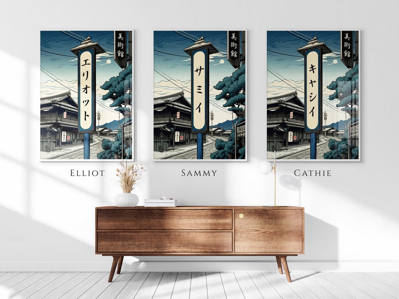 Your Name in Japanese Print, Personalised Custom Name Poster, Modern Ukiyo-e Town Wall Art, Japanese Gift, Katakana Japanese Translation image 5