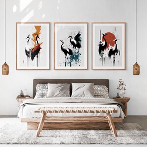 Japanese Cranes Set of 3 Prints, Modern Ukiyo-e Wall Art, Living Room Art, Above Bed Decor, 3 Panel Print Set, Gallery Wall Set image 2