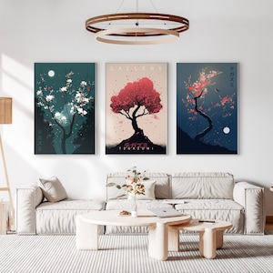 Japanese Blossom Poster Set of 3 Prints, Modern Ukiyo-e Wall Art, Living Room Art, Above Bed Decor, 3 Panel Print Set, Gallery Wall Set image 2