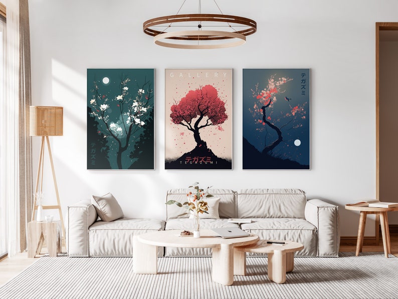 Japanese Blossom Poster Set of 3 Prints, Modern Ukiyo-e Wall Art, Living Room Art, Above Bed Decor, 3 Panel Print Set, Gallery Wall Set image 2