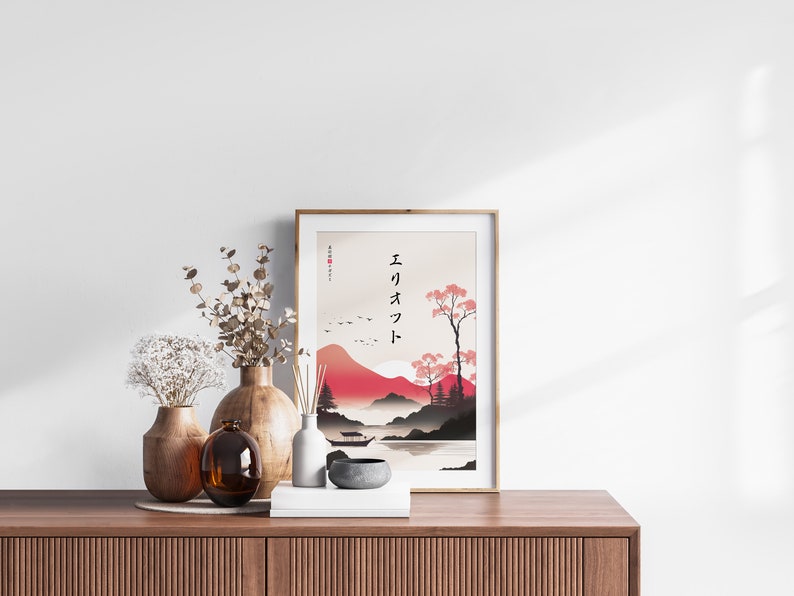 Your Name in Japanese Print, Personalised Custom Name Poster, Modern Ukiyo-e Sunset River, Japanese Gift, Katakana Japanese Translation image 2