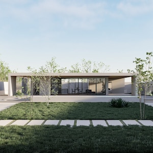 Puede incluir: Una casa moderna de una sola planta con techo plano y grandes ventanales. La casa está rodeada de un césped con un camino pavimentado que conduce a la puerta principal.