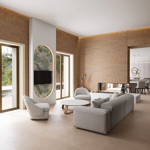 Puede incluir: Un sal&oacute;n moderno con una pared de ladrillo, un gran sof&aacute; de esquina, una mesa de caf&eacute; y dos sillones. La habitaci&oacute;n tiene grandes ventanas con vistas a un exuberante paisaje verde. Una chimenea con un dise&ntilde;o moderno es visible en el fondo.