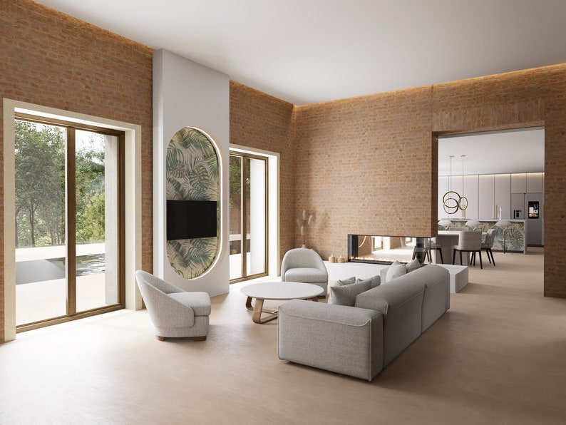 Puede incluir: Un sal&oacute;n moderno con una pared de ladrillo, un gran sof&aacute; de esquina, una mesa de caf&eacute; y dos sillones. La habitaci&oacute;n tiene grandes ventanas con vistas a un exuberante paisaje verde. Una chimenea con un dise&ntilde;o moderno es visible en el fondo.
