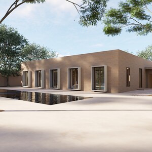 Puede incluir: Una casa moderna de una sola planta con techo plano y grandes ventanales. La casa está hecha de ladrillo marrón claro y tiene una piscina en frente.