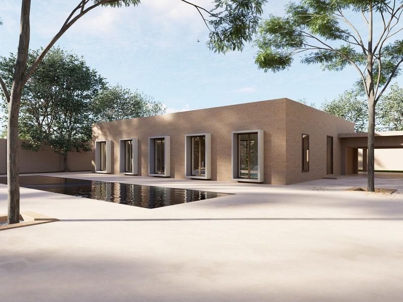 Puede incluir: Una casa moderna de una sola planta con techo plano y grandes ventanales. La casa est&aacute; hecha de ladrillo marr&oacute;n claro y tiene una piscina en frente.