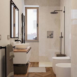 Puede incluir: Un ba&ntilde;o moderno con un lavabo y un tocador blancos, un toallero negro, una ducha con puerta de vidrio y un inodoro blanco. El ba&ntilde;o tiene un suelo de madera y una ventana con vistas a los &aacute;rboles.